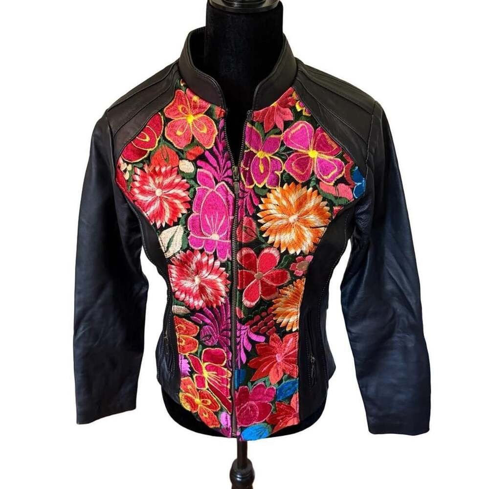 Creaciones Jazmin Black Genuine Leather Floral Embroidered Jacket Size L